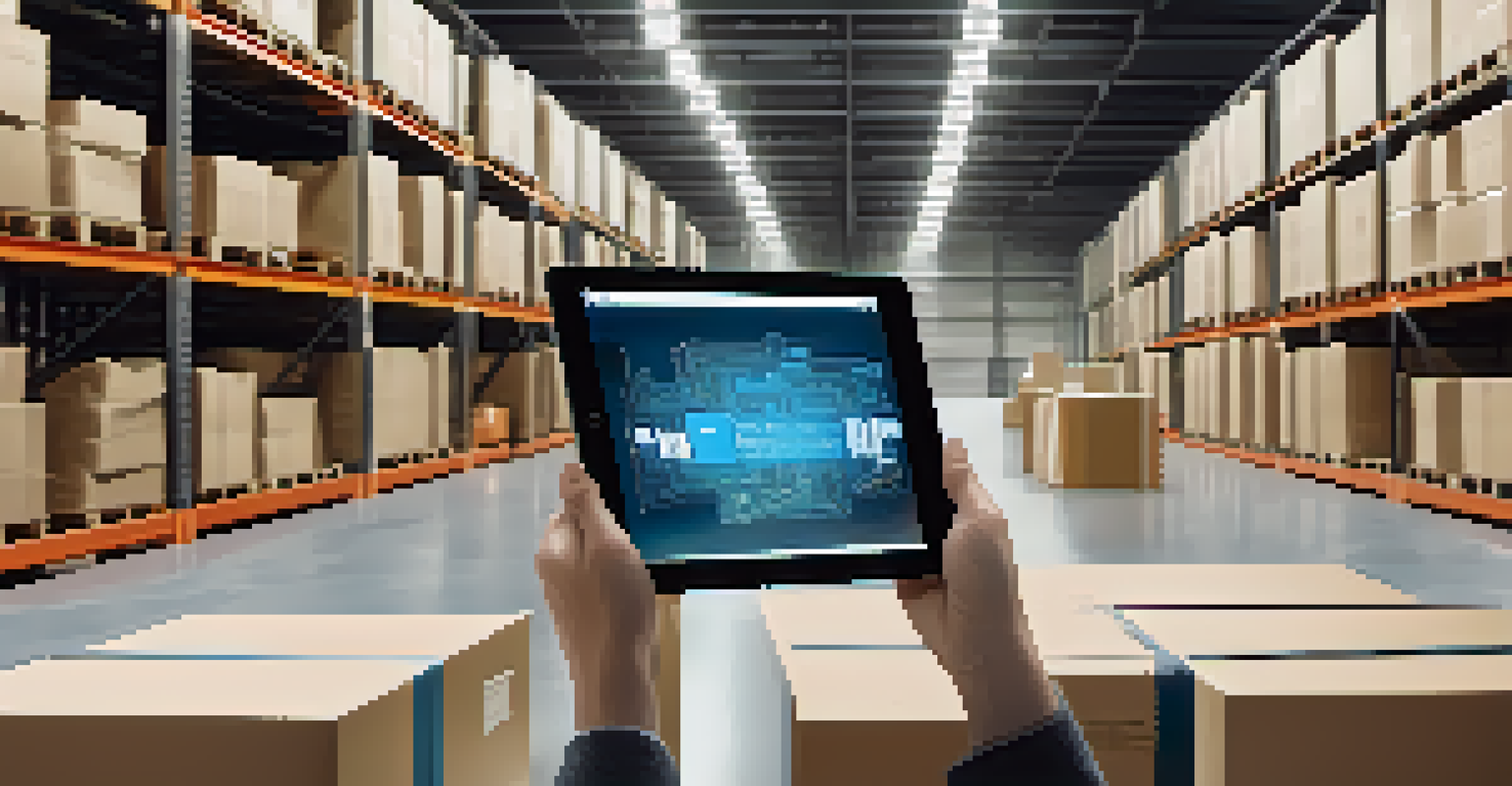 A close-up of a tablet showing a blockchain ledger with product journey data in a warehouse setting.