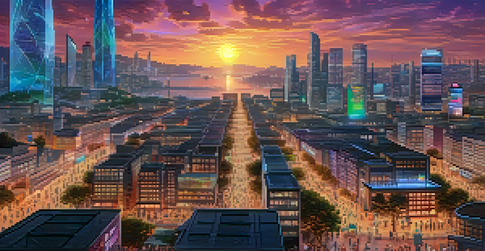 A group of diverse individuals engaged in digital transactions related to Ethereum, with a city skyline and glowing blockchain elements in the background.