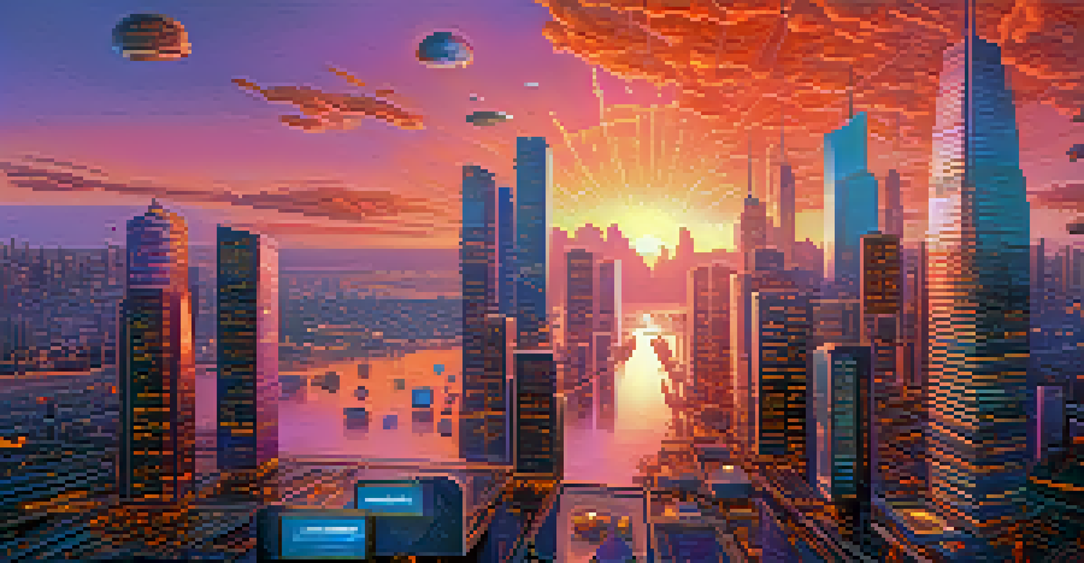 A futuristic city landscape with digital lending platforms replacing traditional banks, under a sunset sky.