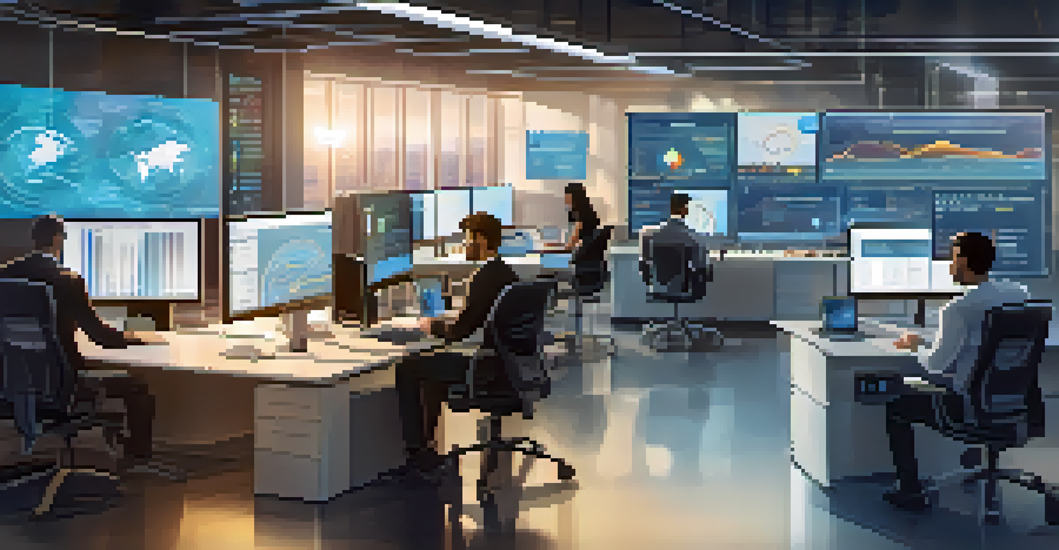 A modern office with a team analyzing blockchain data on large screens focused on resource management.