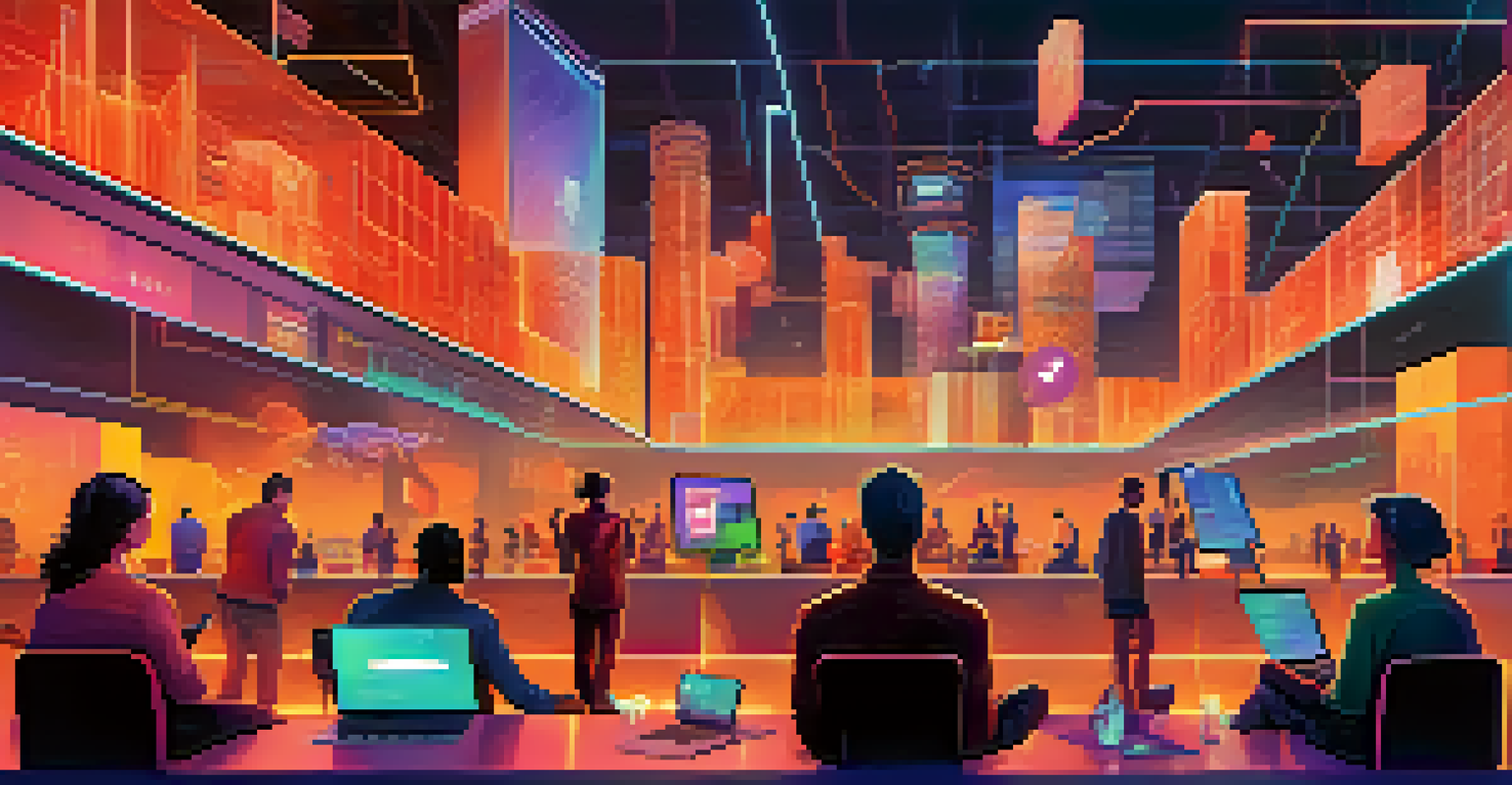 A lively scene of diverse individuals using devices for decentralized finance transactions, with floating graphs and charts around them.