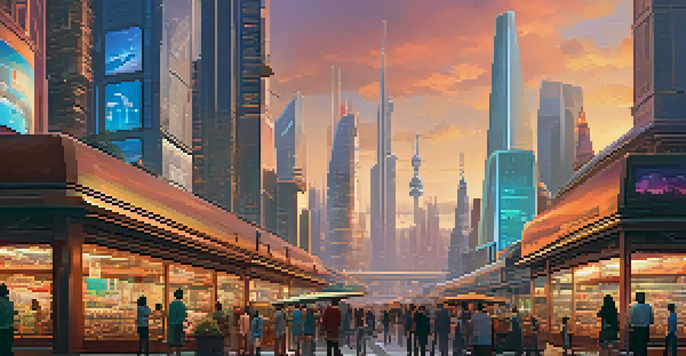 A futuristic city skyline at dusk with skyscrapers reflecting sunset hues and a bustling market in the foreground.