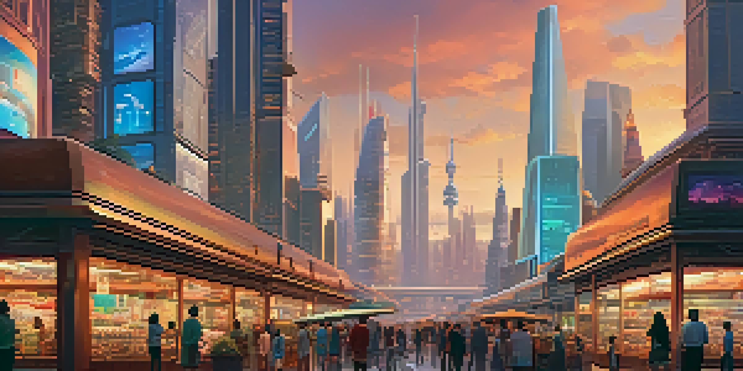 A futuristic city skyline at dusk with skyscrapers reflecting sunset hues and a bustling market in the foreground.