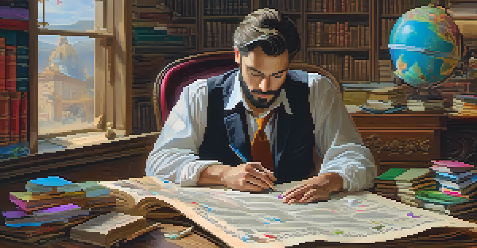 An author at a vintage desk writing on a scroll, with glowing NFTs floating around, representing the monetization of creativity.