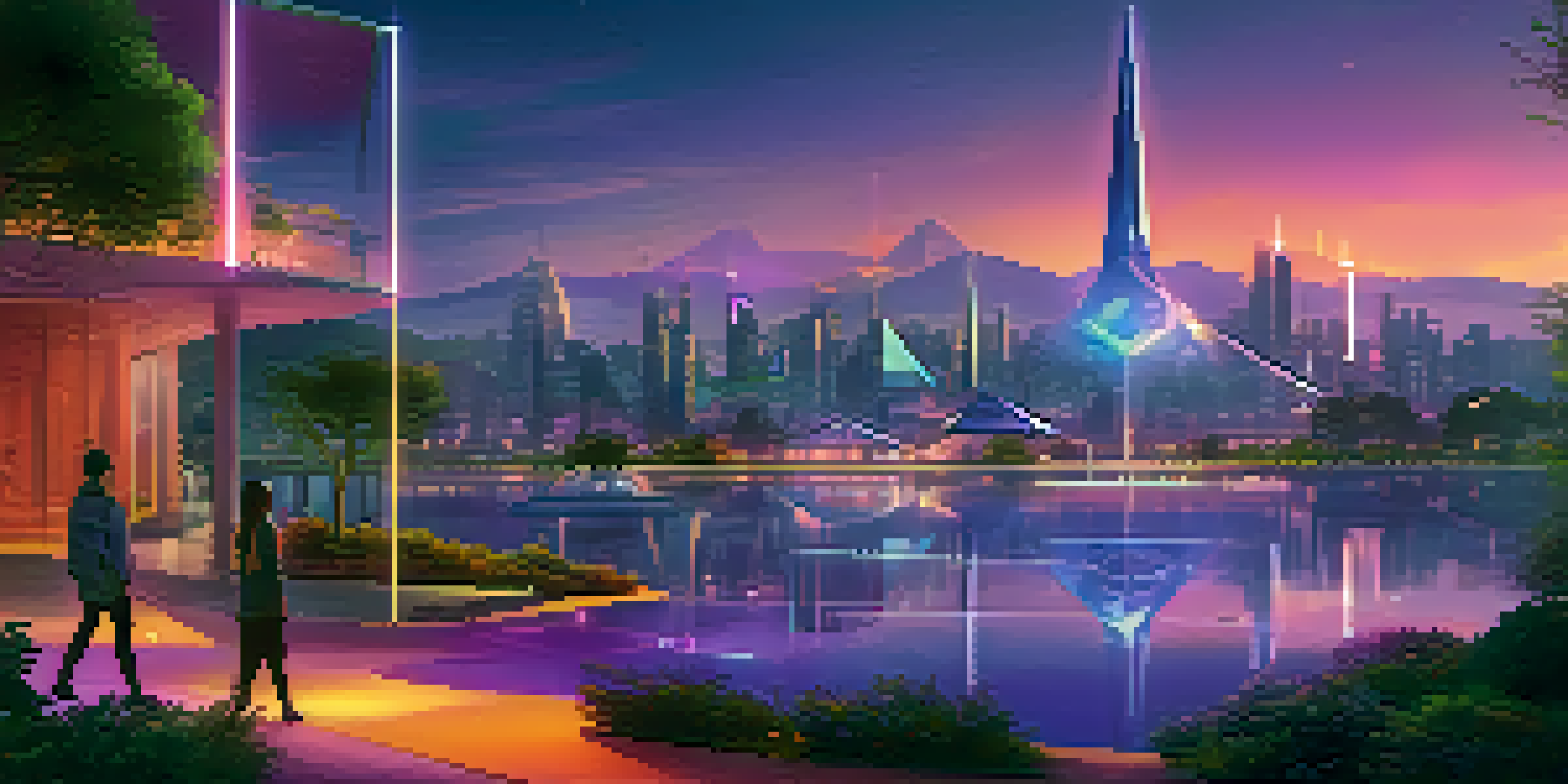 A futuristic cityscape at twilight with decentralized architecture, glowing Ethereum symbols, and a serene park with people using digital devices.