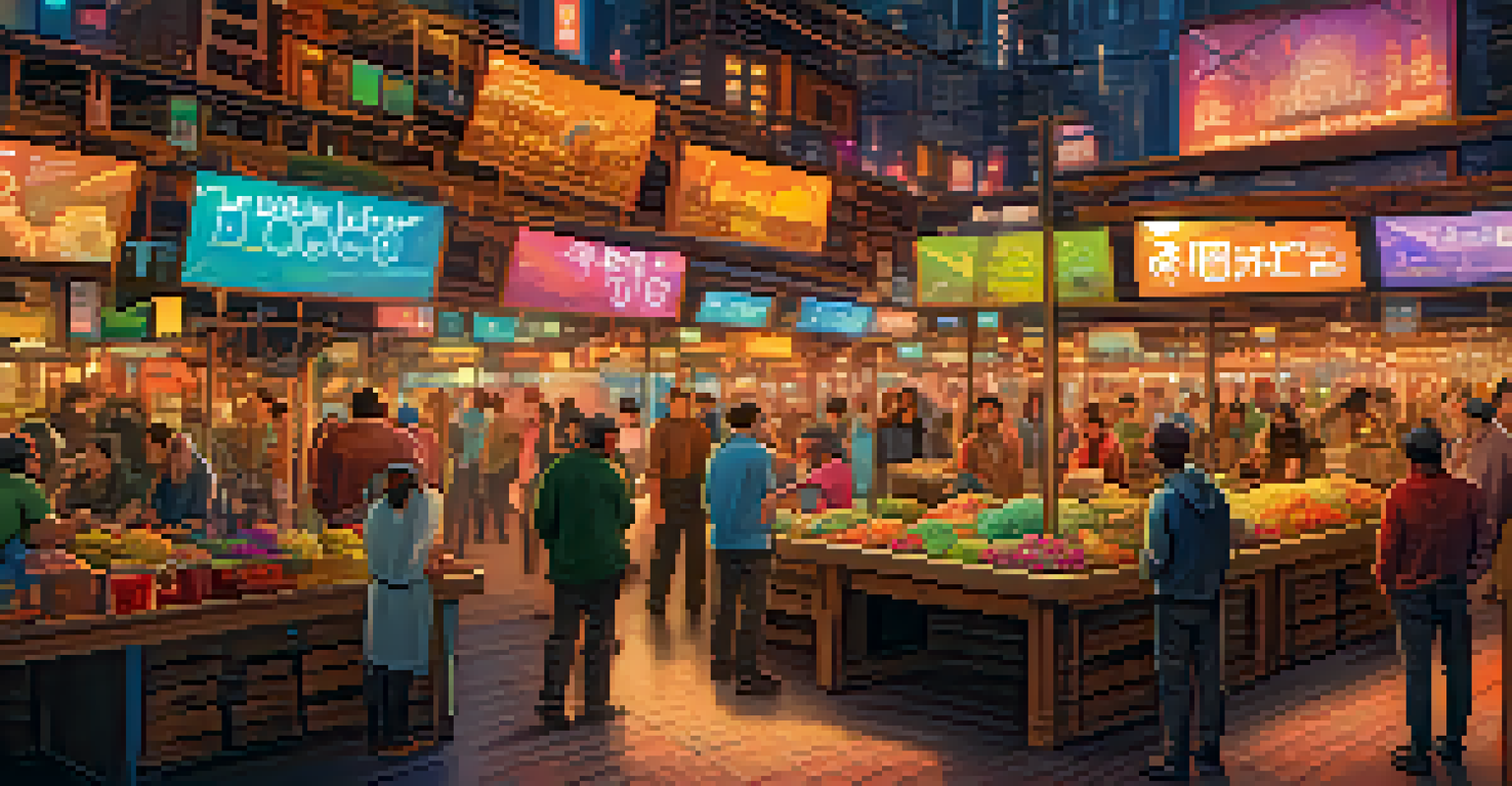 A lively marketplace with developers at stalls that represent various decentralized storage solutions, filled with colors and digital tools.