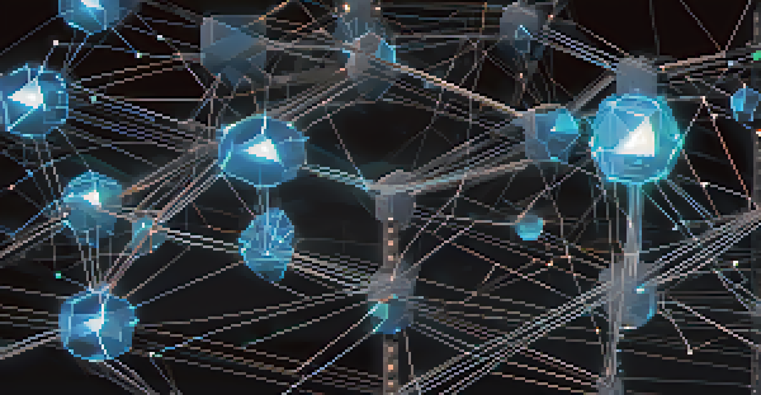 A futuristic blockchain network with glowing interconnected nodes, featuring security indicators like shields and locks.