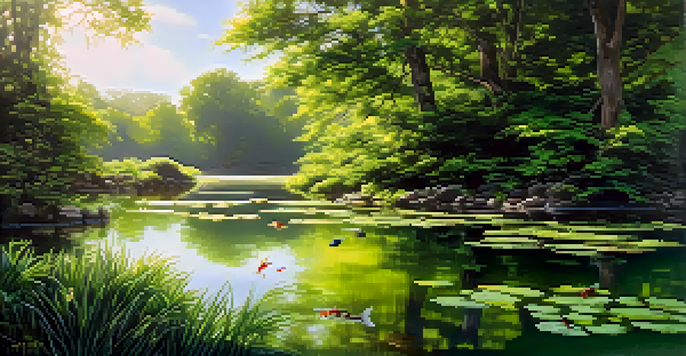 A serene pond surrounded by greenery with fish swimming beneath the surface, sunlight filtering through trees.