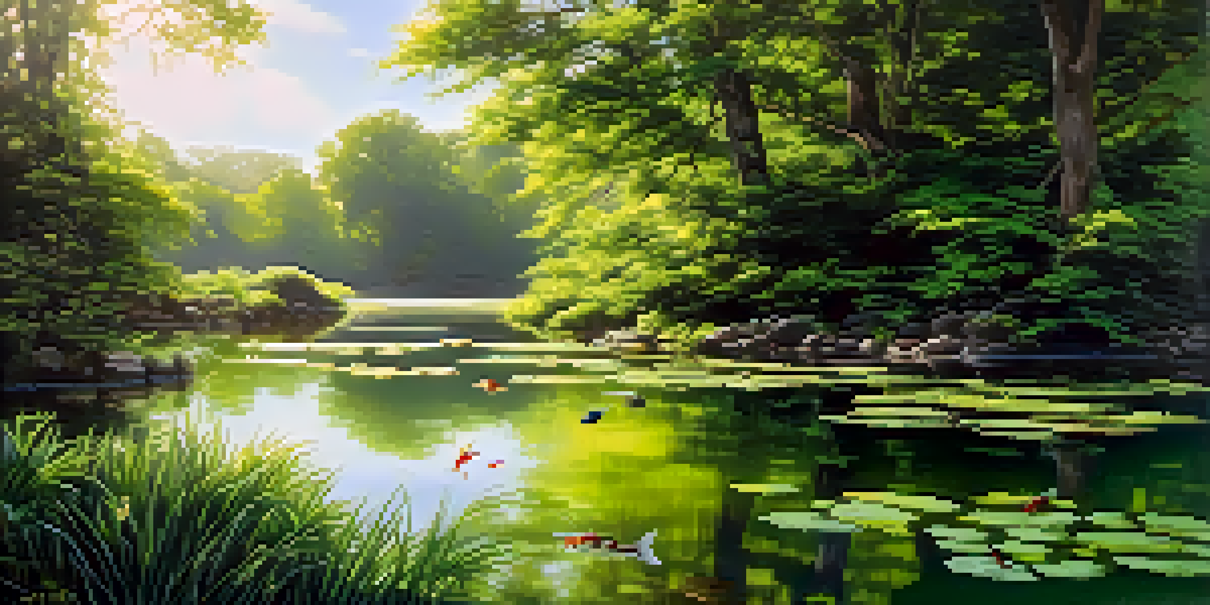 A serene pond surrounded by greenery with fish swimming beneath the surface, sunlight filtering through trees.
