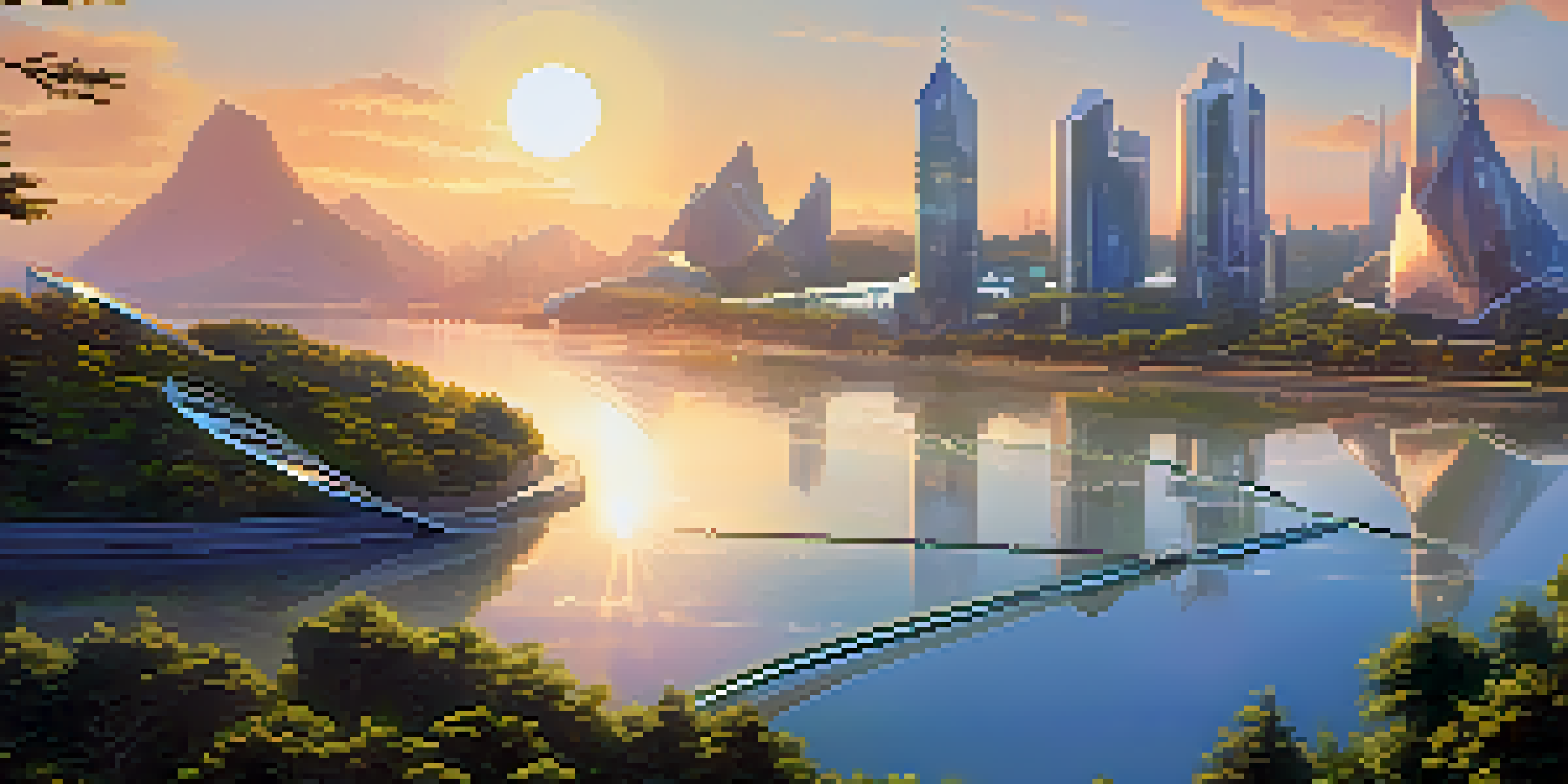 A futuristic city skyline with greenery and solar panels under a warm sunset, showcasing harmony between technology and nature.