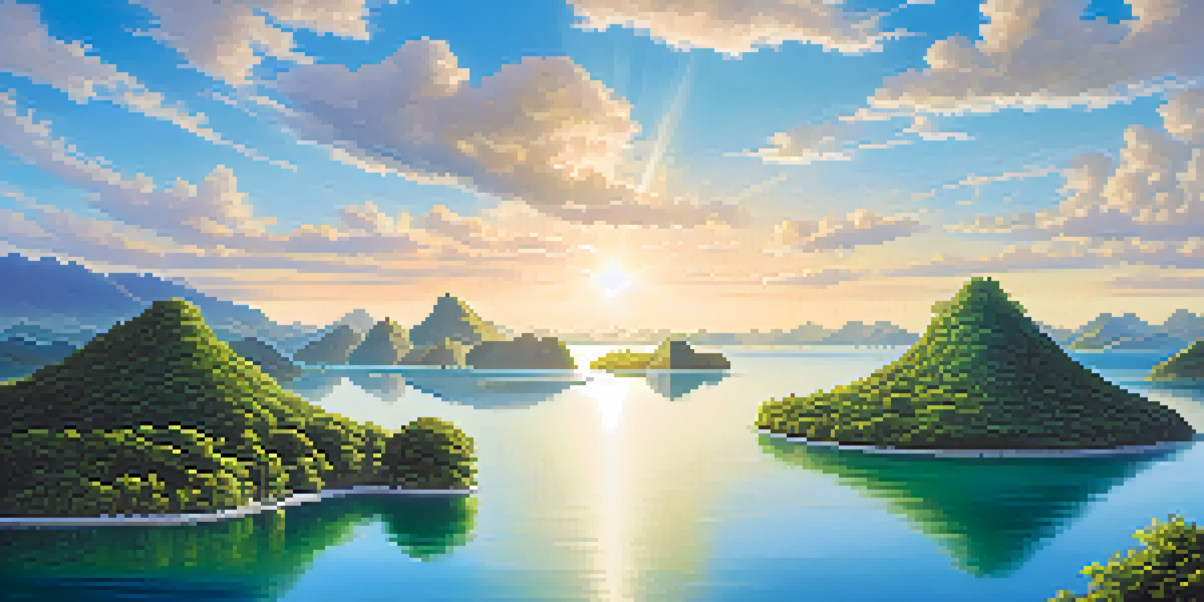 A tranquil scene featuring islands connected by bridges, symbolizing different blockchains, with clear blue skies and vibrant ecosystems.