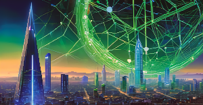 A digital landscape with glowing nodes and a futuristic city skyline, highlighting Ethereum's decentralized platform.