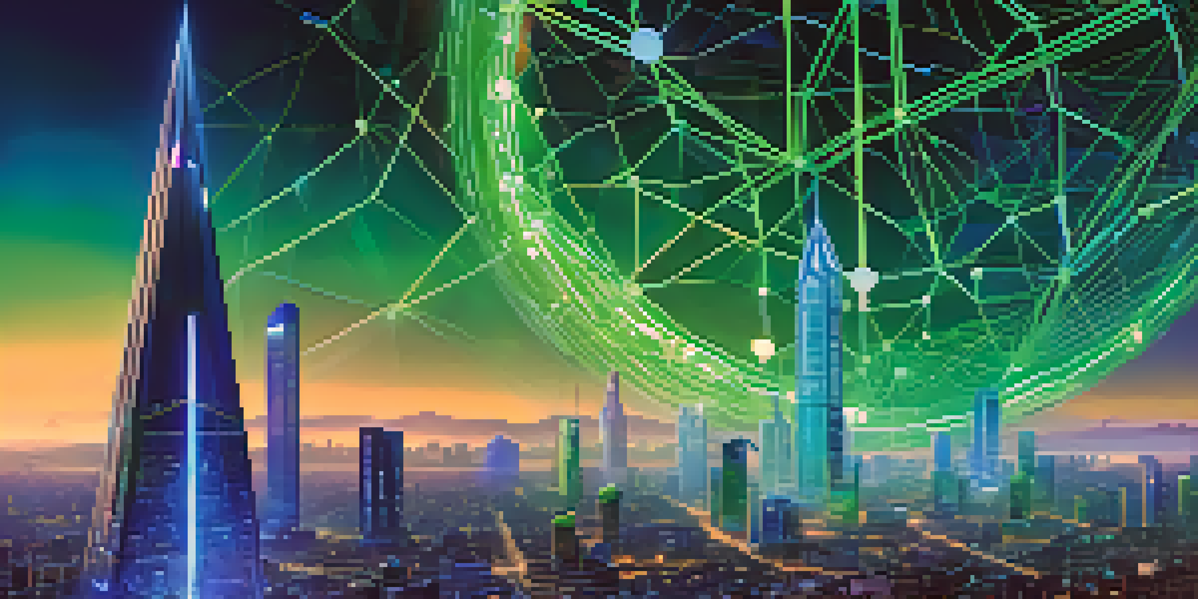 A digital landscape with glowing nodes and a futuristic city skyline, highlighting Ethereum's decentralized platform.