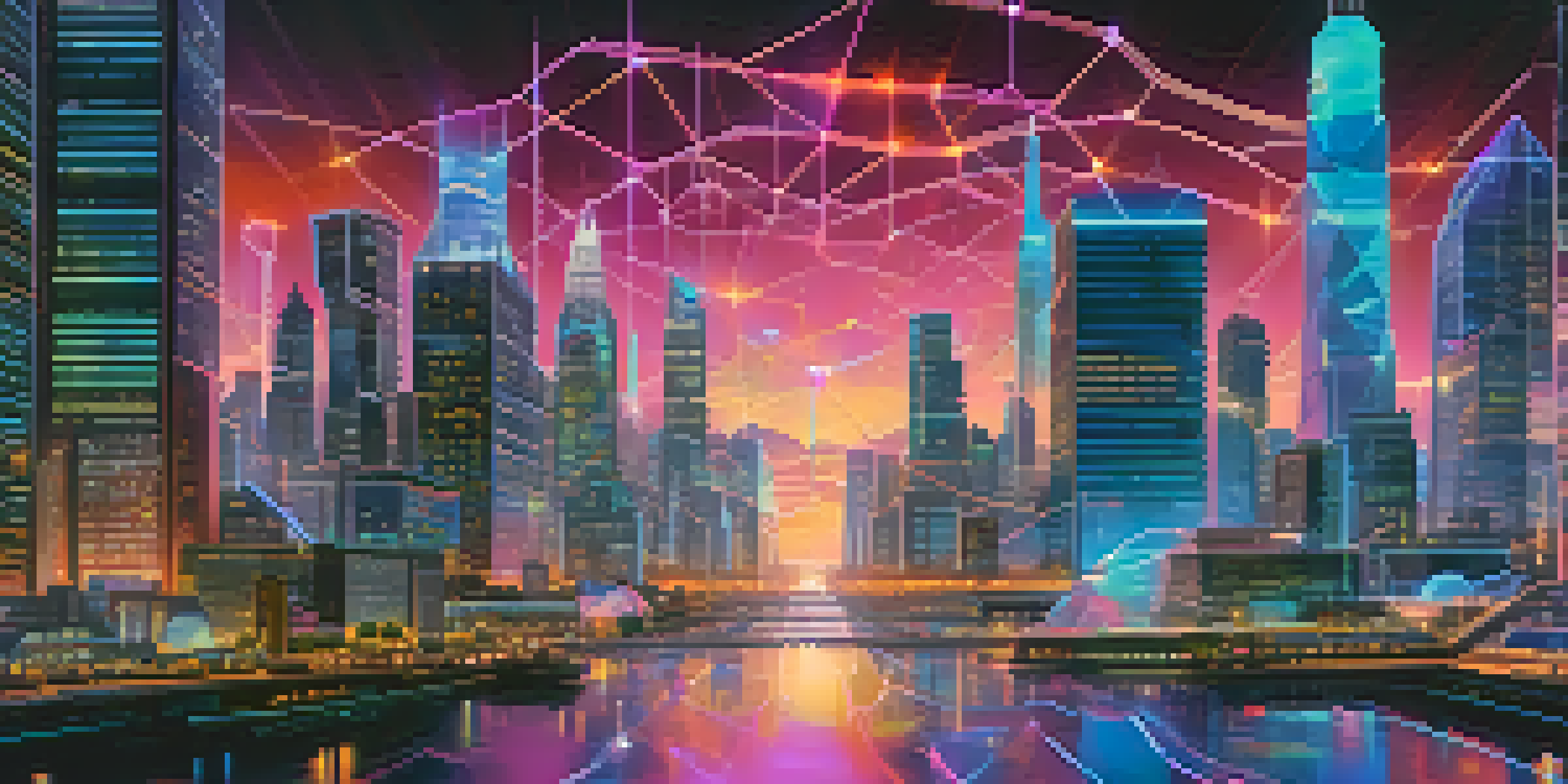 A futuristic cityscape with neon lights and holographic displays showing blockchain transactions.