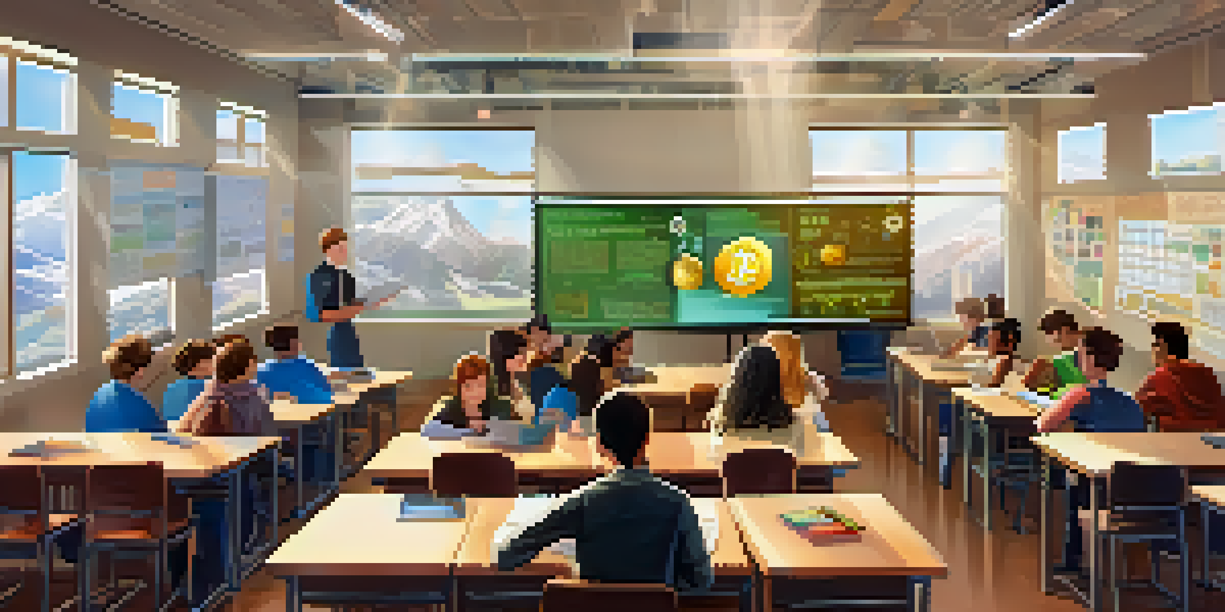 A classroom filled with diverse individuals learning about cryptocurrencies, with educational posters and digital devices.
