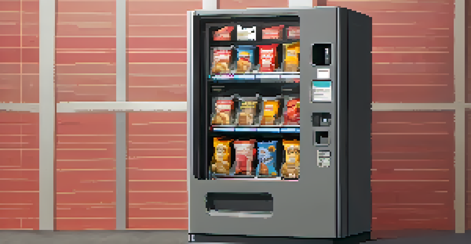 A vending machine filled with outdated snacks, set against a muted grey background, symbolizing non-upgradable smart contracts.