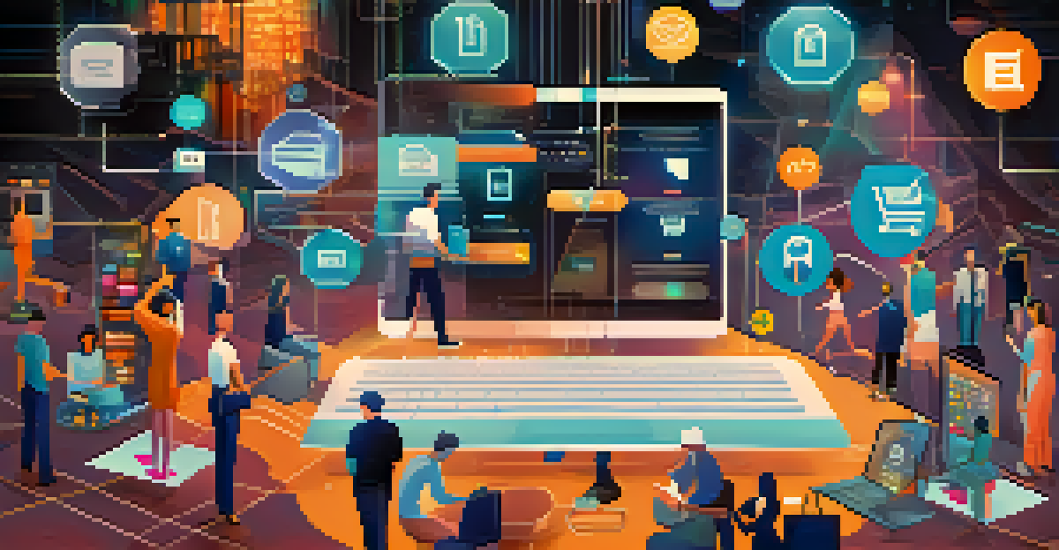 An artistic representation of users engaging in a decentralized e-commerce platform with a futuristic interface.