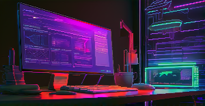 A modern office setting with a computer screen displaying Ethereum smart contract code, illuminated by neon colors.