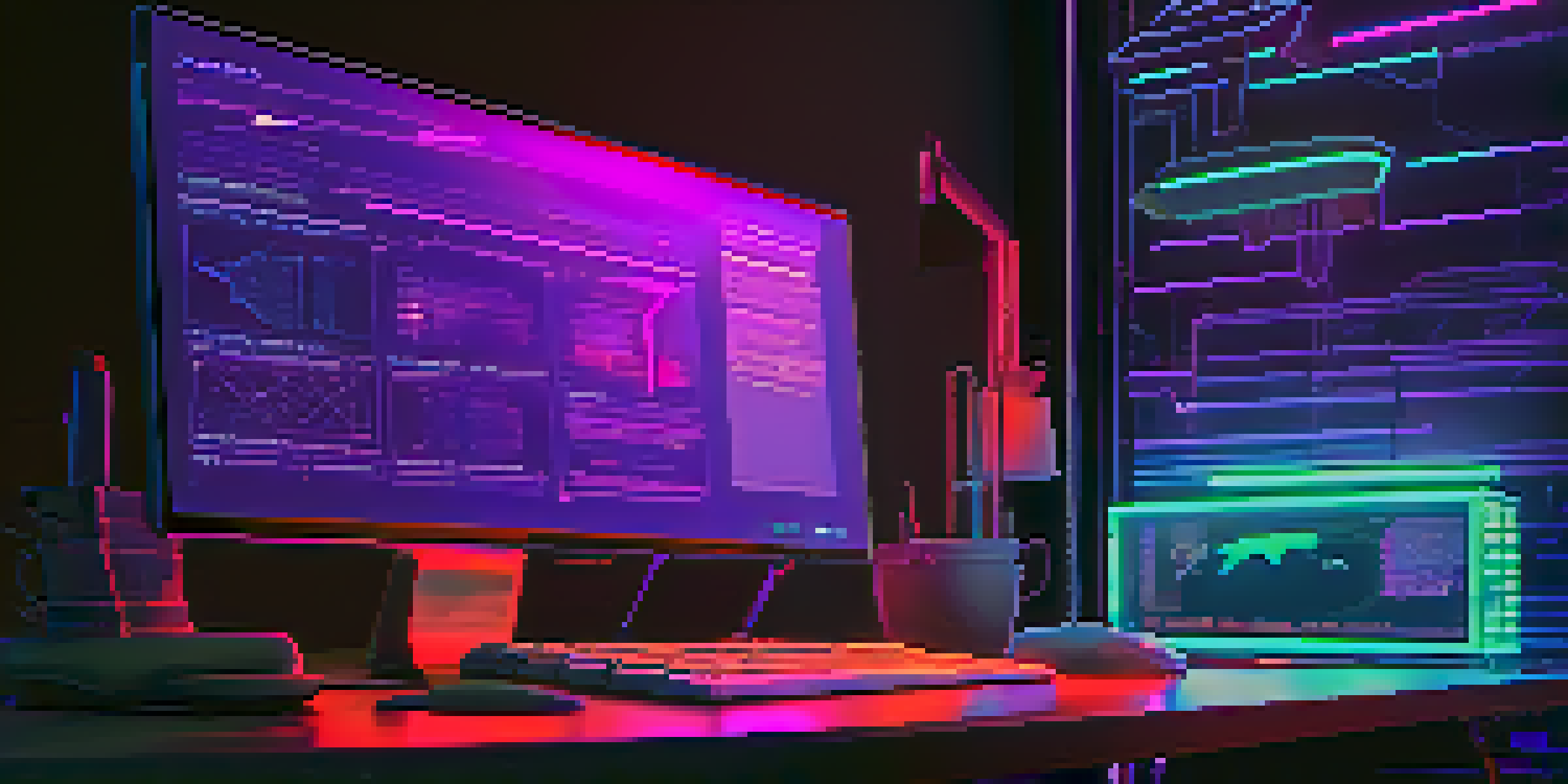 A modern office setting with a computer screen displaying Ethereum smart contract code, illuminated by neon colors.