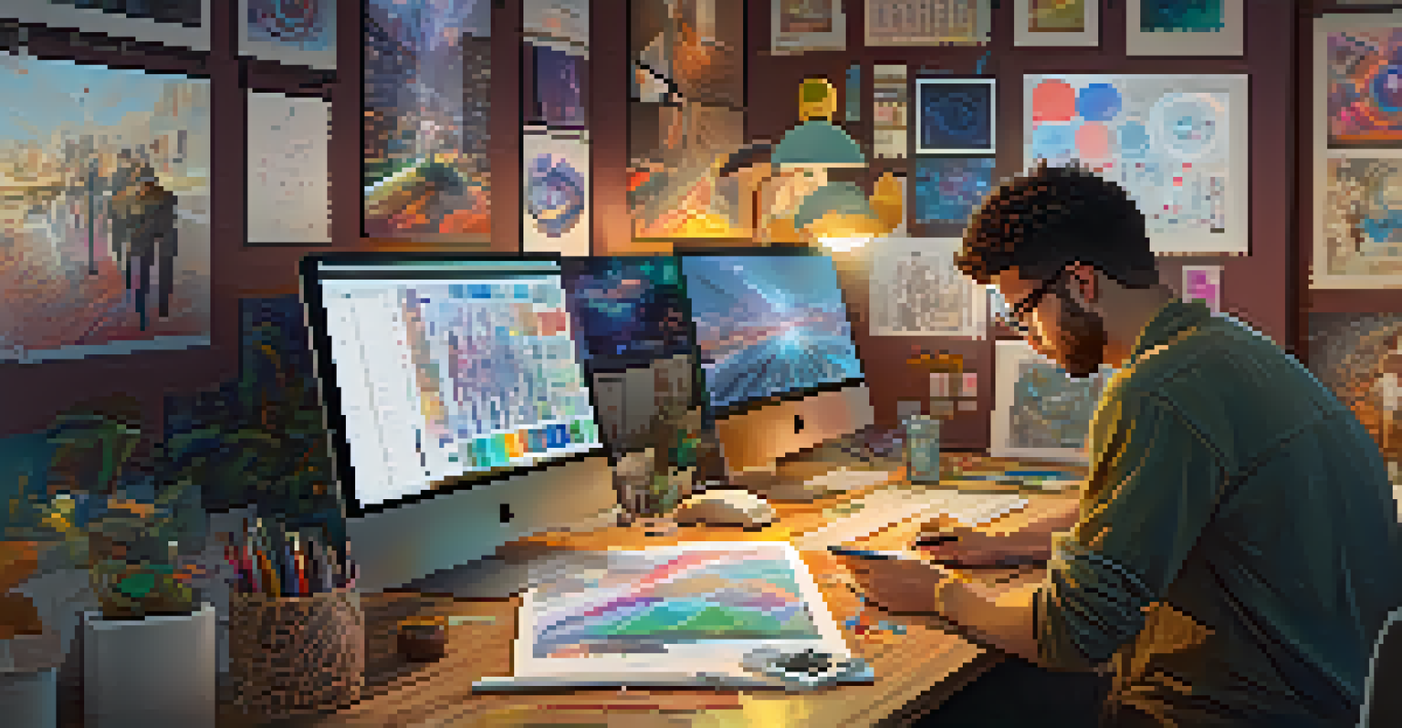 A digital artist working in a colorful workspace, surrounded by sketches and screens showing social tokens and metrics.