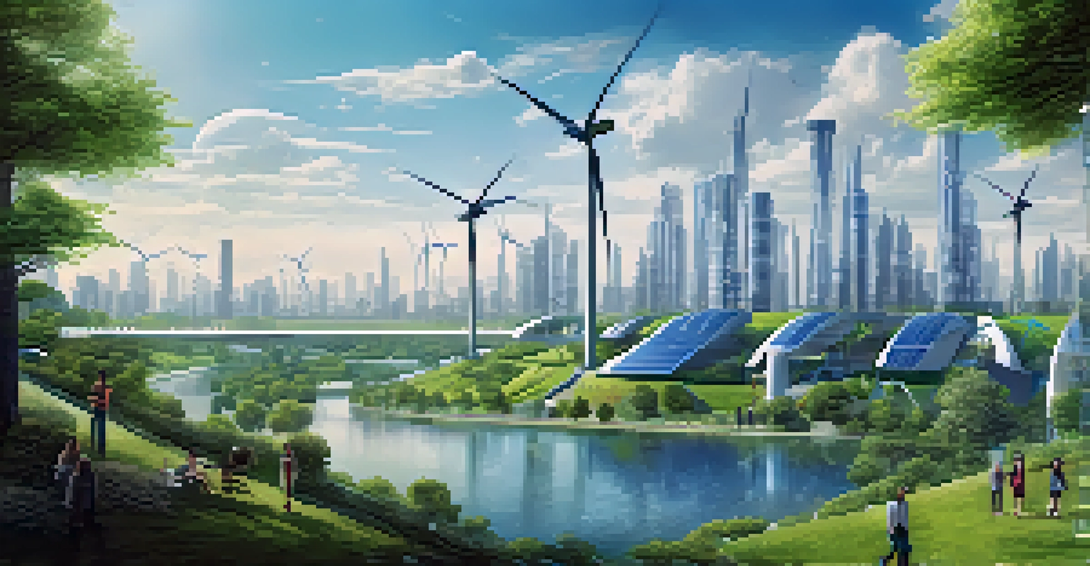 A futuristic city skyline with renewable energy features like wind turbines and solar panels, showcasing a sustainable lifestyle.