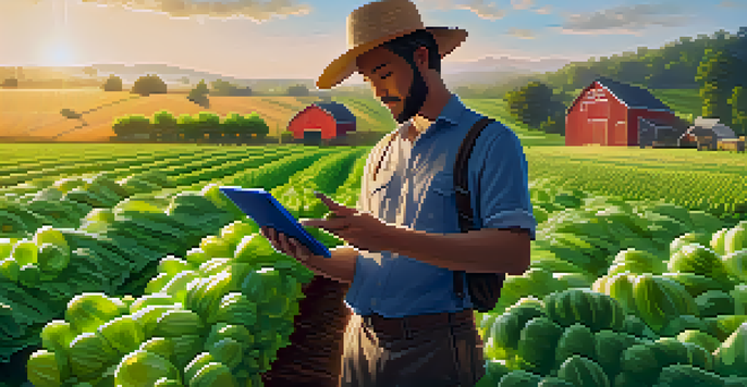 A farmer looking at organic produce in a field while using a digital tablet that shows a blockchain interface for tracking goods.