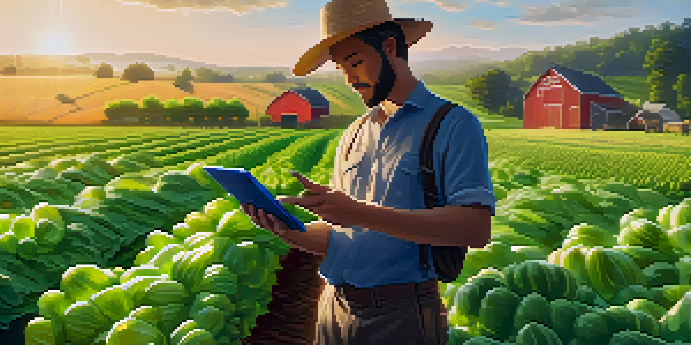 A farmer looking at organic produce in a field while using a digital tablet that shows a blockchain interface for tracking goods.
