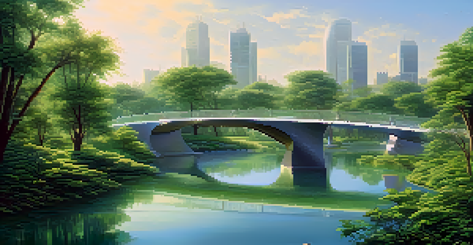 A peaceful landscape with a bridge connecting a green environment and a modern technological hub.