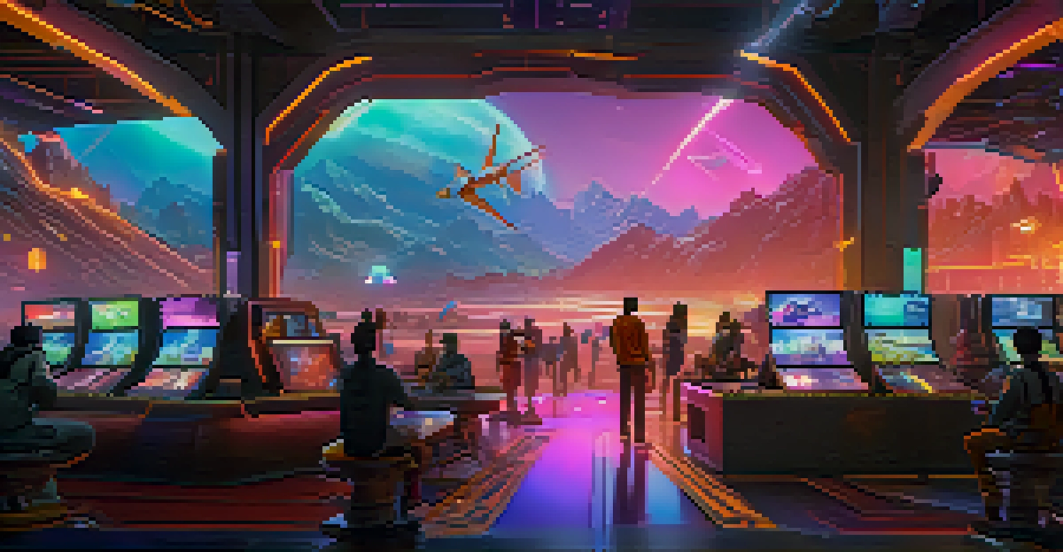 A colorful futuristic gaming landscape where players interact with glowing NFTs, highlighting digital interactions and quick trades.
