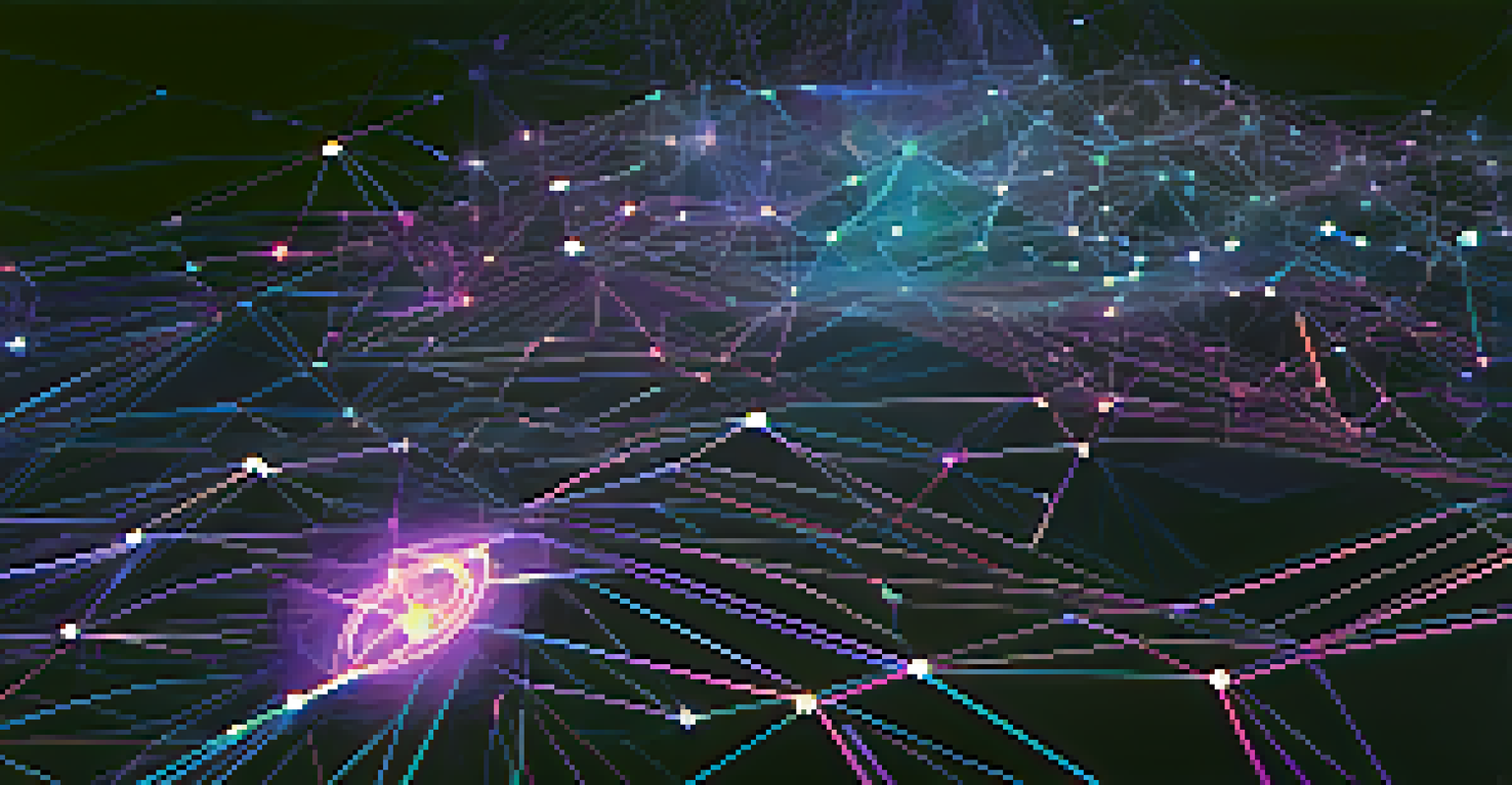 An abstract image of interconnected nodes representing decentralized reputation systems with glowing lines and a digital background.