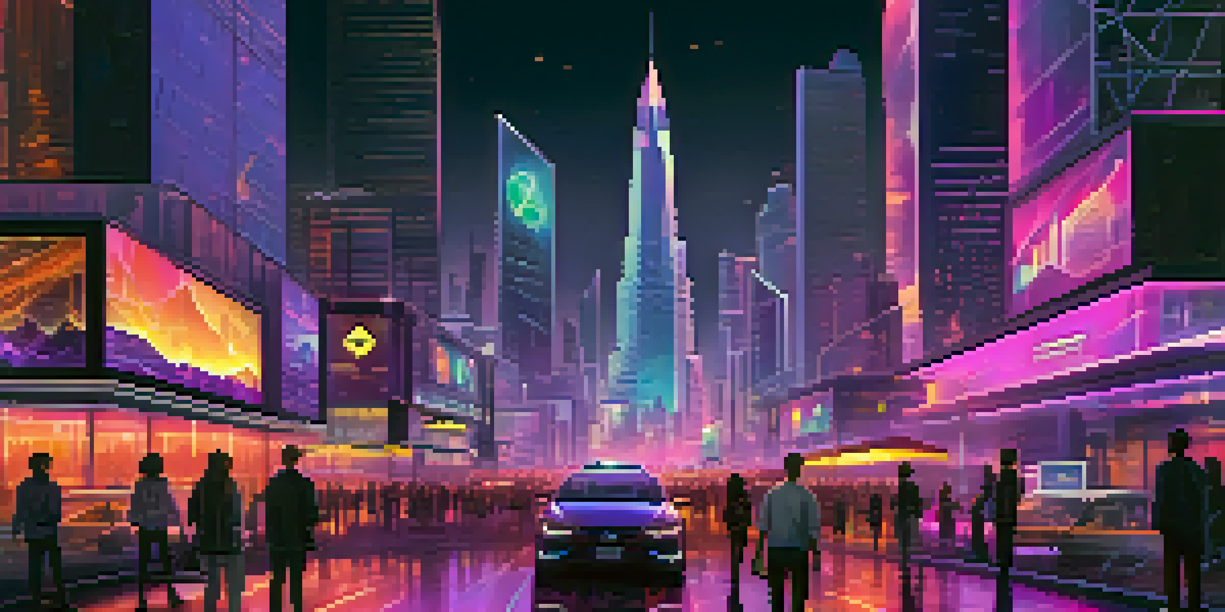 A vibrant futuristic cityscape illuminated by neon lights, featuring glass skyscrapers and digital billboards, with an Ethereum logo in the center.