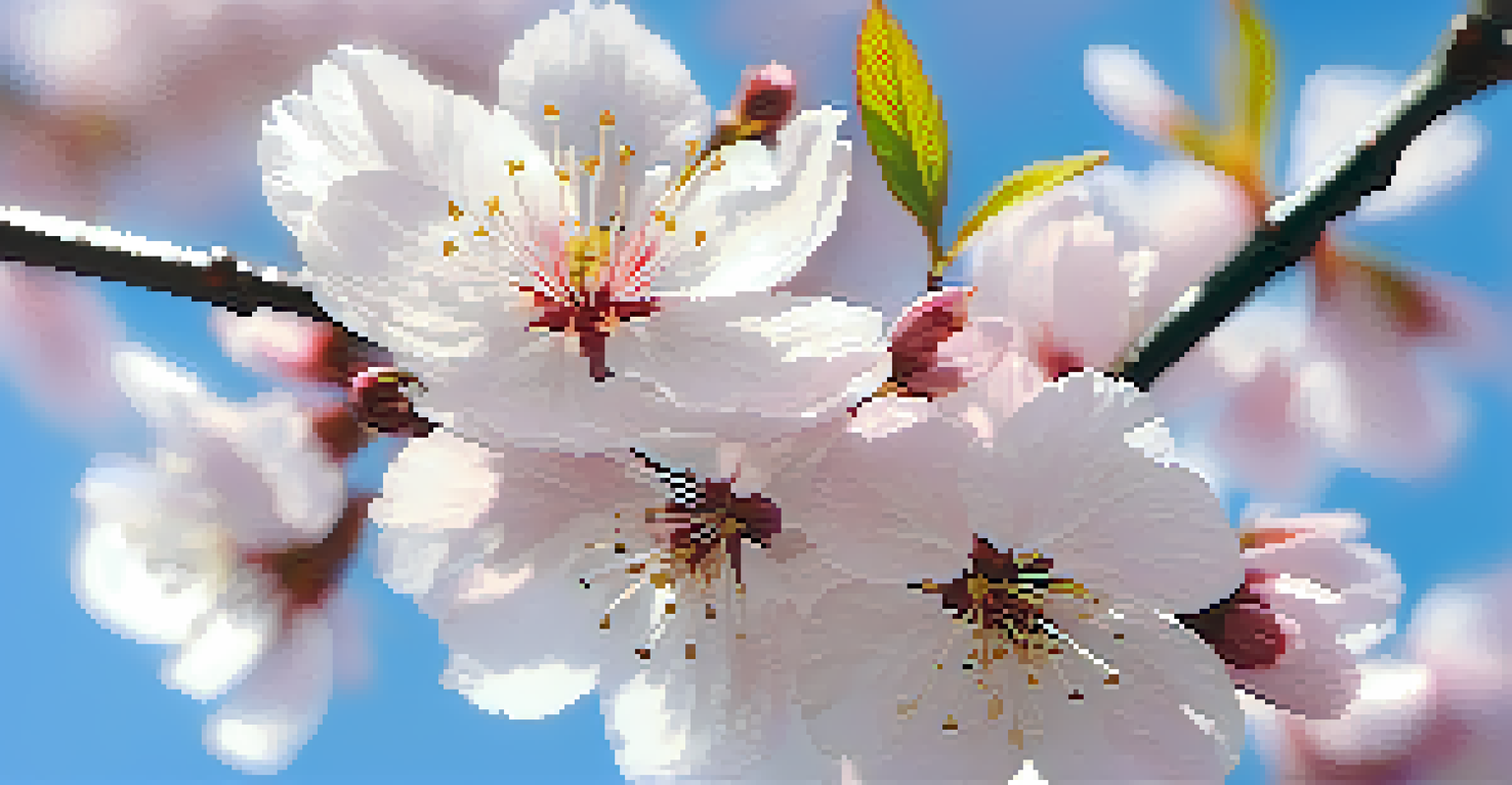 A close-up of a cherry blossom tree in bloom with pink flowers against a blue sky.