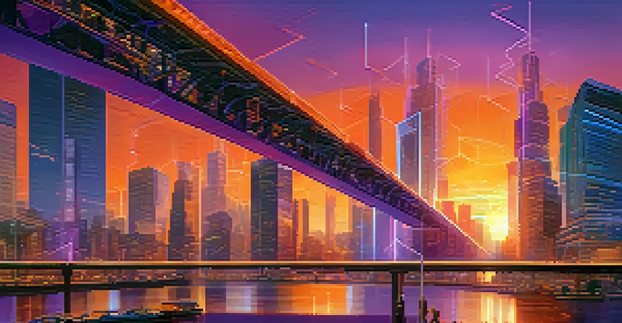A futuristic city skyline at sunset with glowing bridges and people discussing cryptocurrency.
