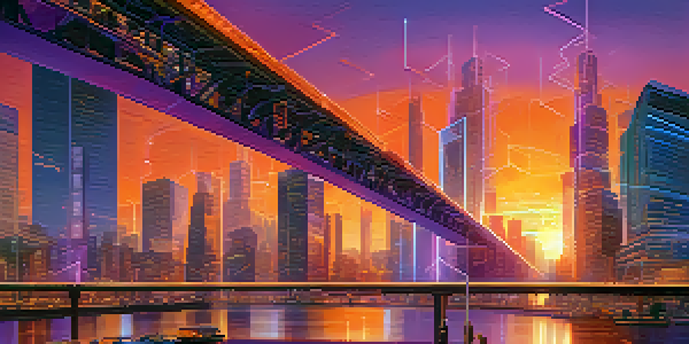 A futuristic city skyline at sunset with glowing bridges and people discussing cryptocurrency.