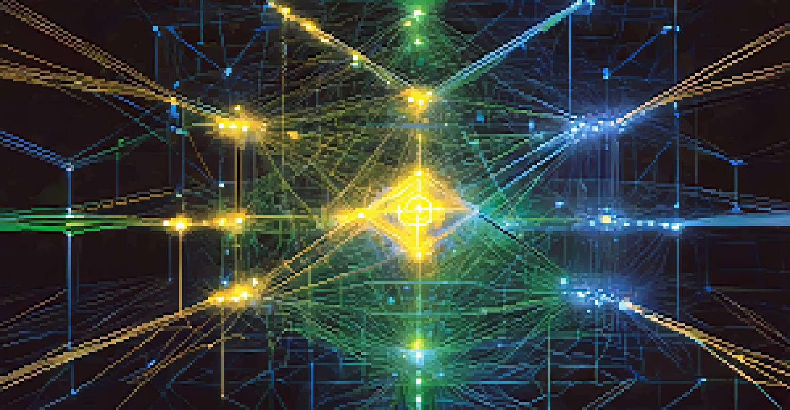 An abstract visualization of blockchain technology with interconnected glowing nodes in vibrant colors against a dark background.