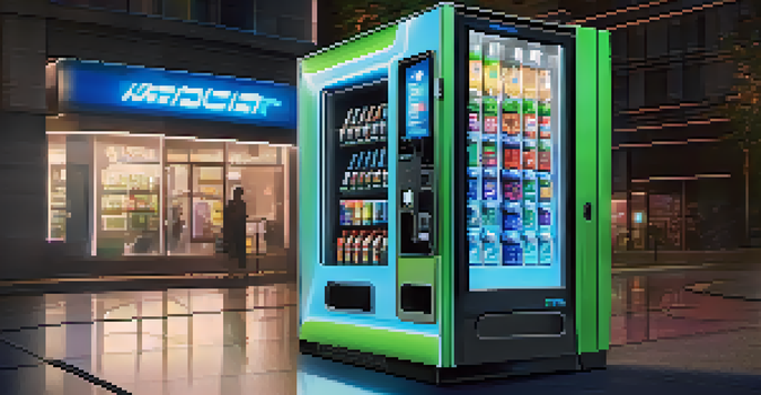 A futuristic vending machine displaying colorful tech gadgets inside, set in a modern minimalistic environment.