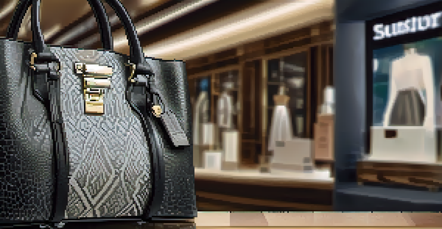 A close-up of a luxury handbag with a QR code tag, highlighting the bag's texture and craftsmanship in a boutique setting.