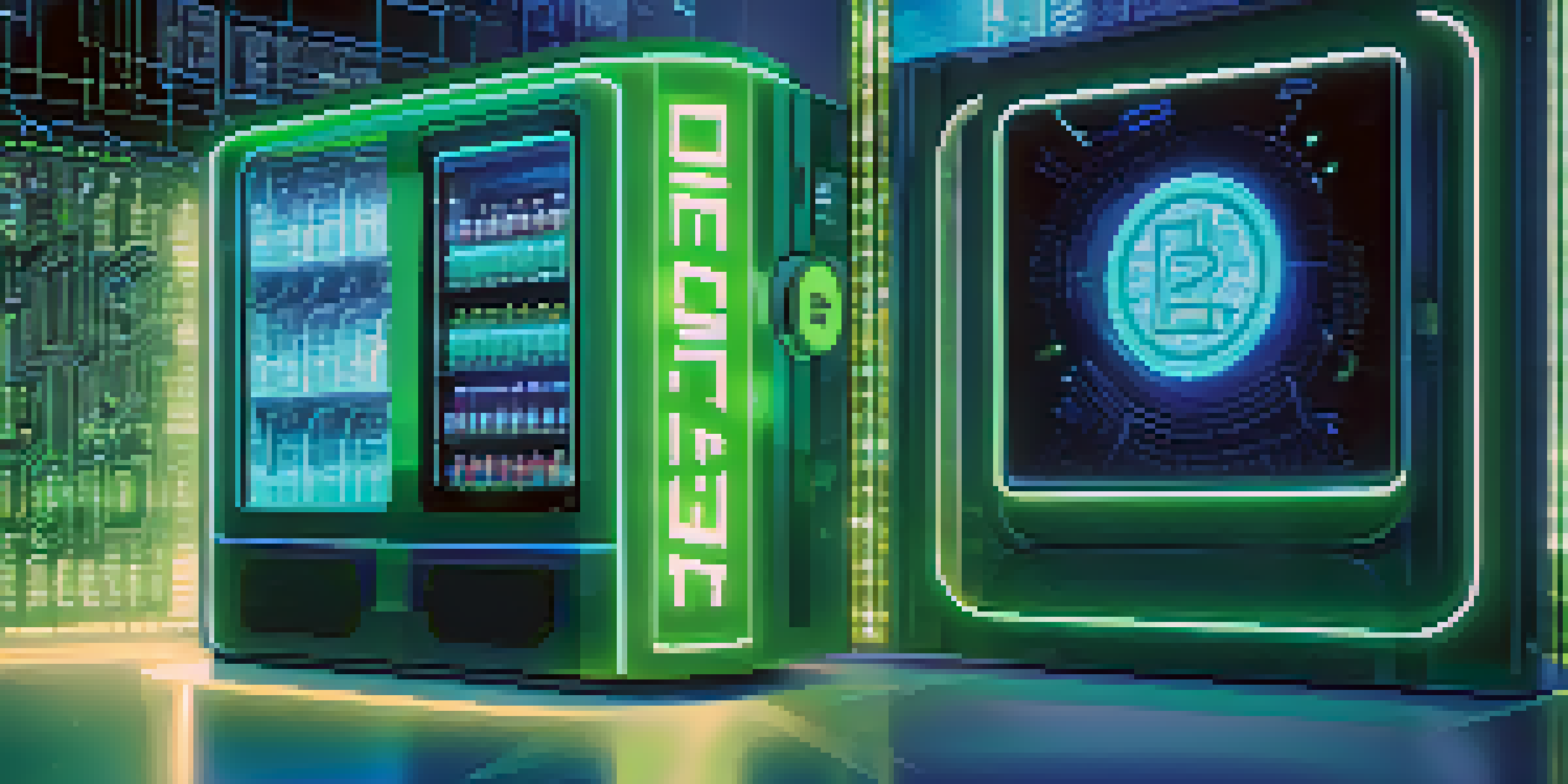 A digital vending machine dispensing documents, set against a backdrop of blockchain visuals with blue and green lights.