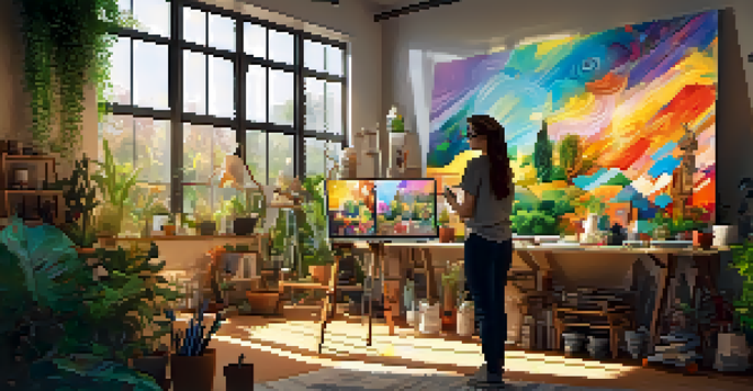 A bright art studio with an artist working on a digital artwork, surrounded by colorful canvases and plants.