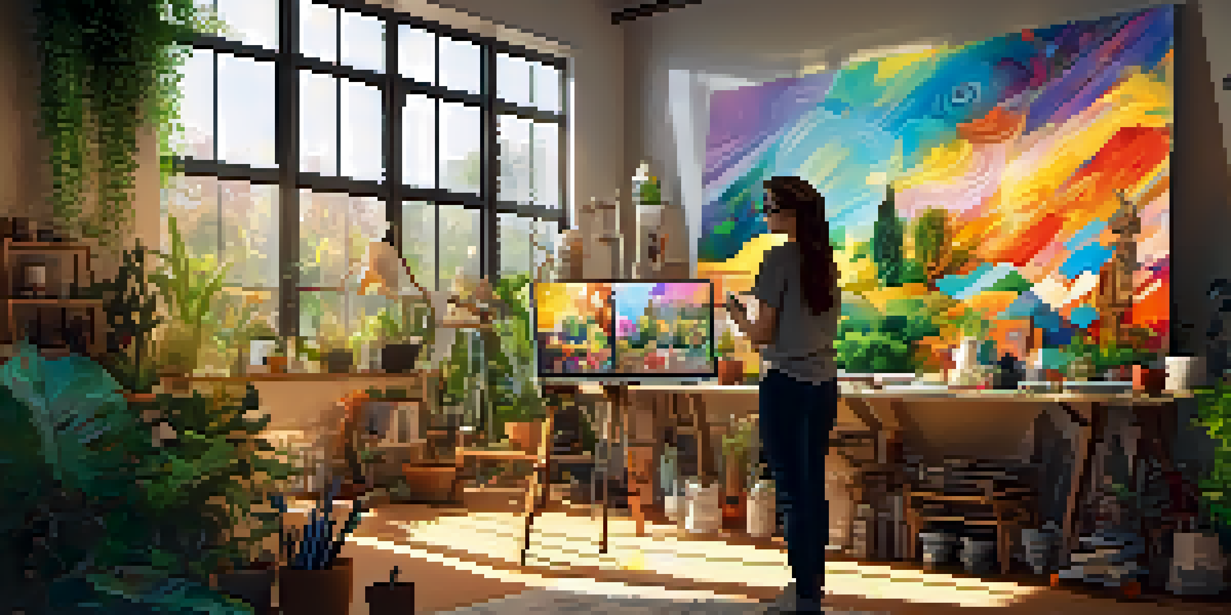 A bright art studio with an artist working on a digital artwork, surrounded by colorful canvases and plants.