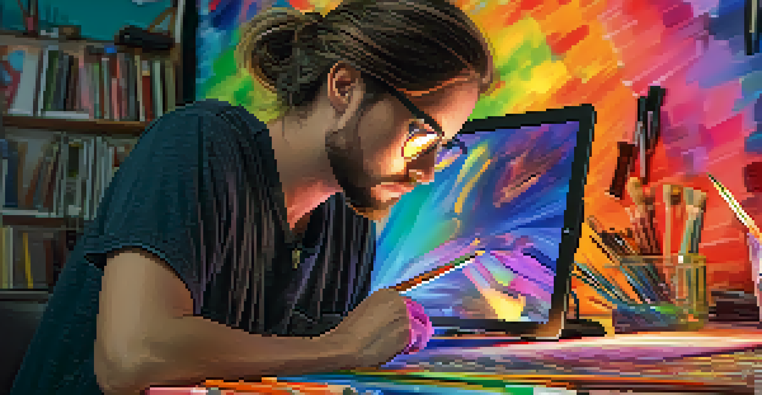 An artist creating digital art on a graphics tablet, surrounded by sketches and colorful tools, in a warmly lit environment.