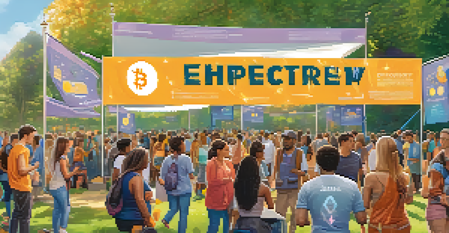 A community event in a park with people discussing cryptocurrency, surrounded by banners featuring the Ethereum logo.