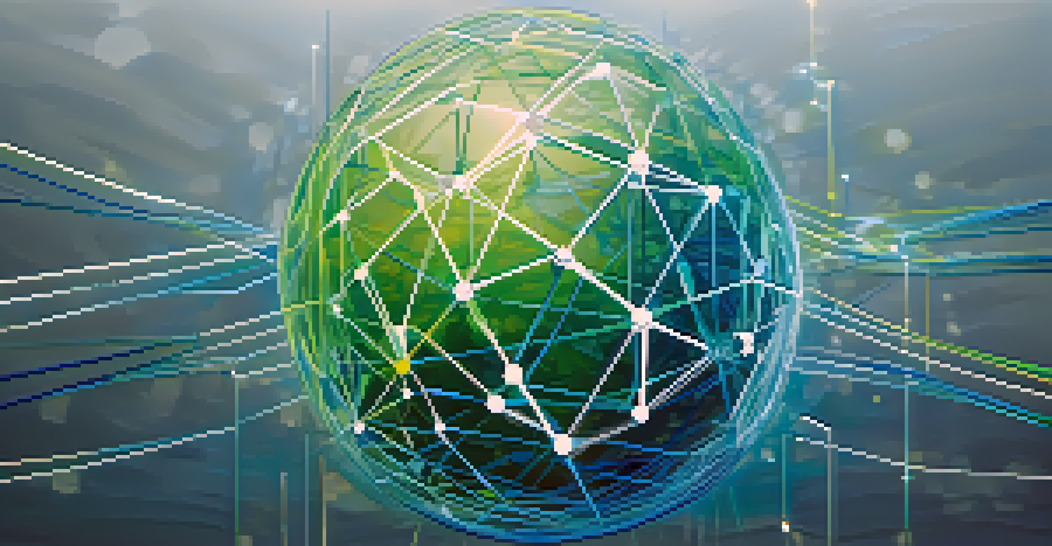 An abstract illustration of blockchain technology with interconnected glowing nodes and chains on a blue and green gradient background.