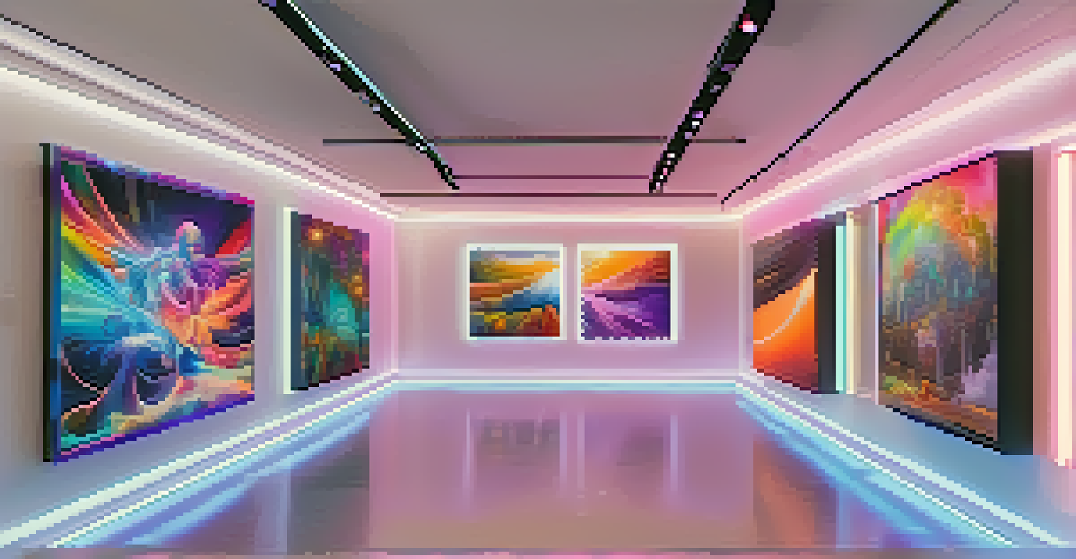 A futuristic virtual gallery showcasing NFT artworks with floating frames and glowing digital art.