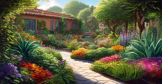 A colorful garden full of diverse plants and flowers, representing a liquidity pool in decentralized finance, with sunlight shining through.