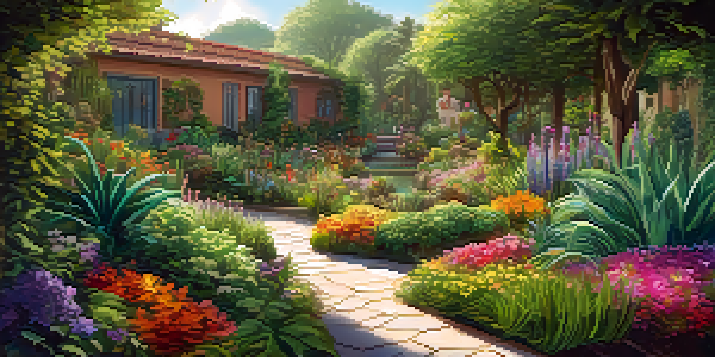 A colorful garden full of diverse plants and flowers, representing a liquidity pool in decentralized finance, with sunlight shining through.
