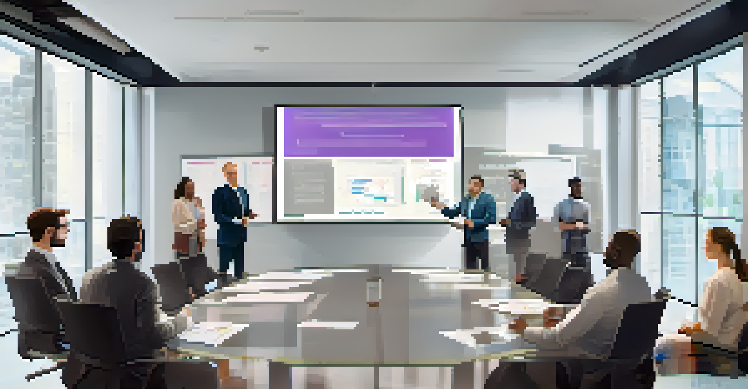 A diverse team in a conference room discussing smart contracts, with a screen showing an audit report in a modern setting.