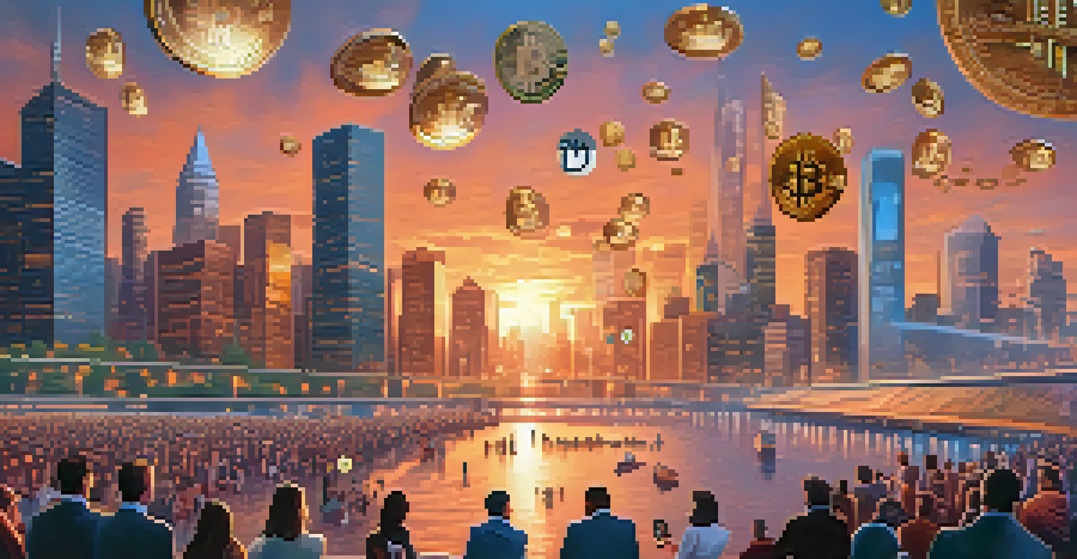 An artistic representation of a decentralized finance ecosystem with people using digital interfaces and cryptocurrency symbols, against a sunset city skyline.