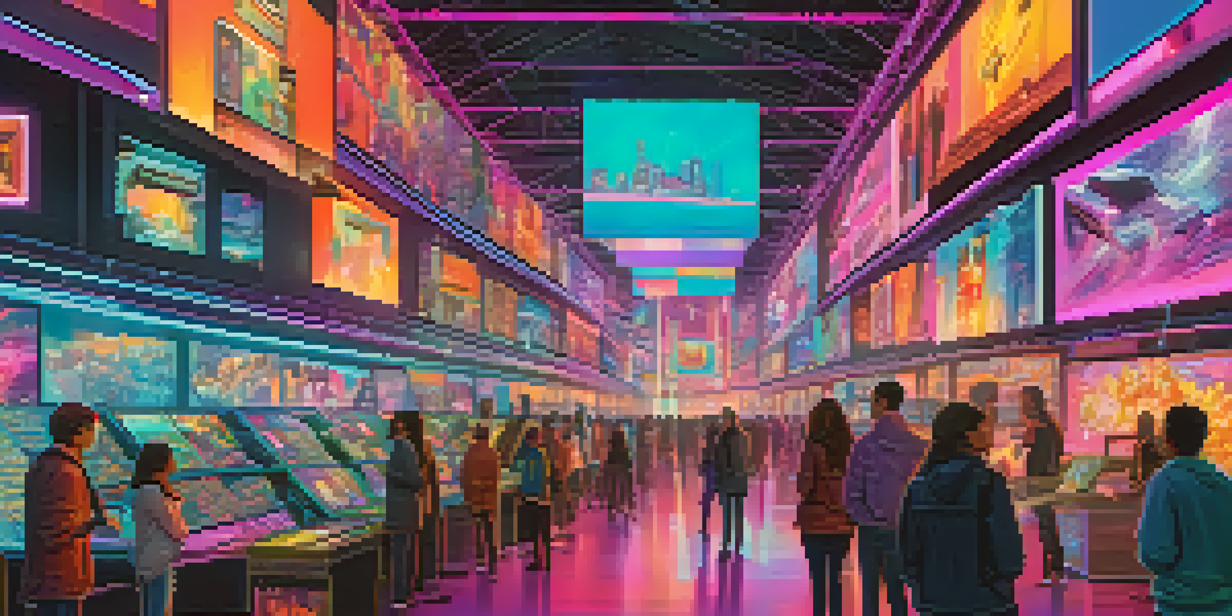 A lively NFT marketplace with digital art and holograms, illuminated by neon lights, and people engaging with the displays.
