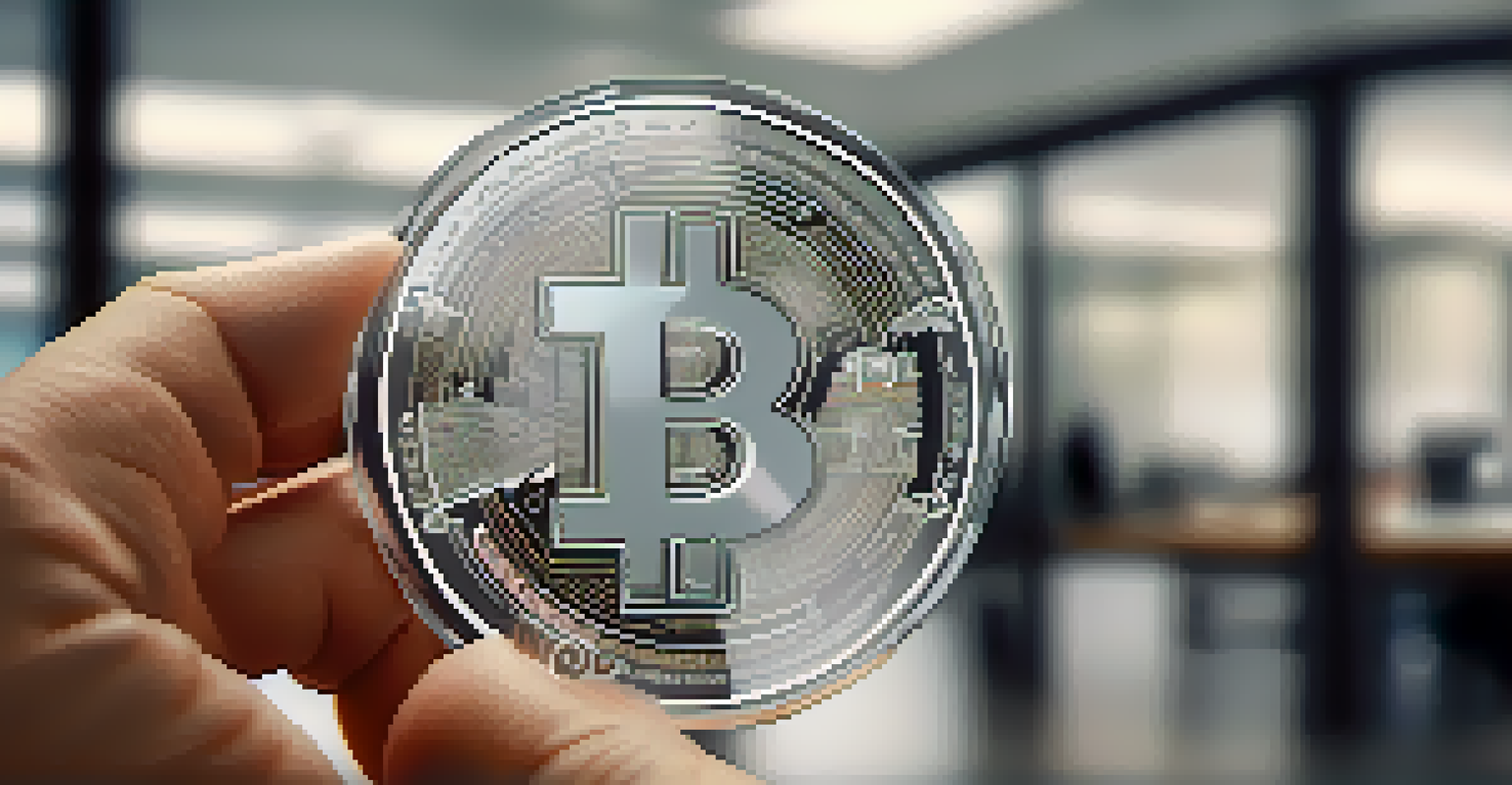 A close-up of a hand holding a transparent digital token, set against a blurred modern office background.